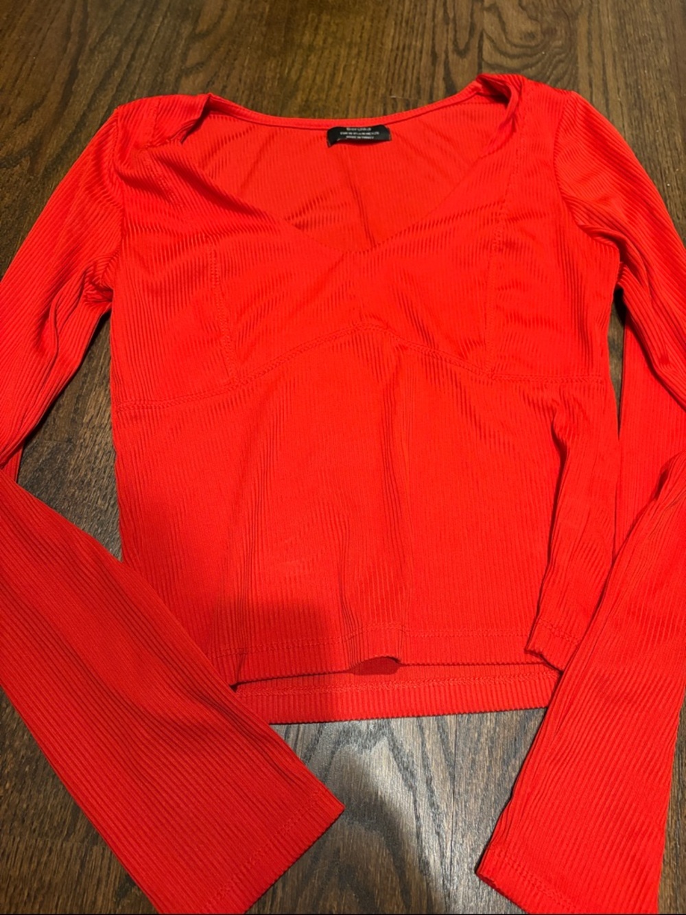 Bershka Ribbed Long-Sleeve sweetheart Neck Top - Red